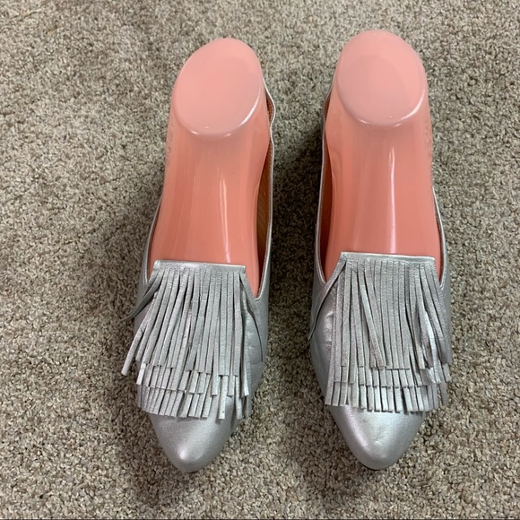 OQ Silver Metallic LEATHER Triple FRINGE Designer FLATS Shoes  37 - Picture 2 of 7
